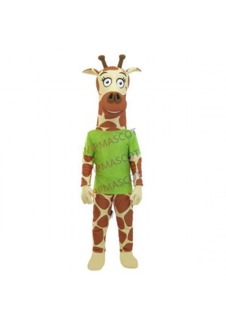 Adult Standing Style Giraffe Wearing Green Shirt Mascot Costume