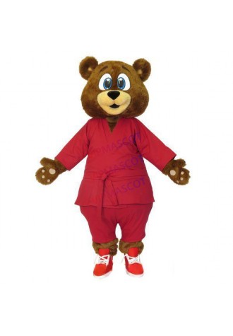 Adult Taekwondo Bear In Red Training Suit Mascot Costume