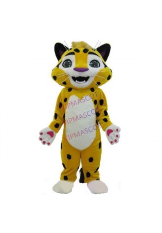 Playful Yellow Baby Leopard With Sharp Teeth Mascot Costume