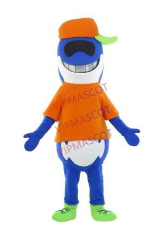 Playing Cartoon Little Shark In Baseball Cap Mascot Costume