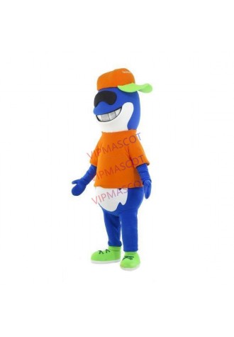 Playing Cartoon Little Shark In Baseball Cap Mascot Costume