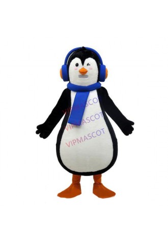 The Cozy Penguin With Blue Headphone Mascot Costume