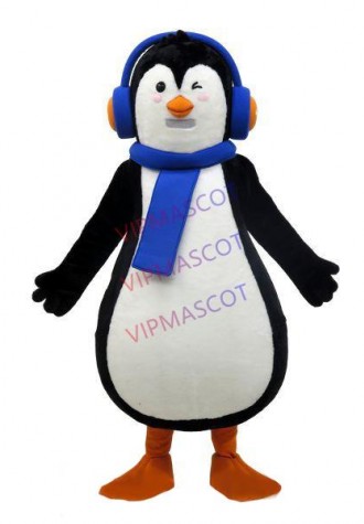 The Cozy Penguin With Blue Headphone Mascot Costume