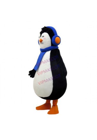 The Cozy Penguin With Blue Headphone Mascot Costume