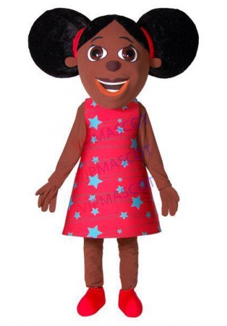 Joyful Black Little Girl Wearing Dress Mascot Costume
