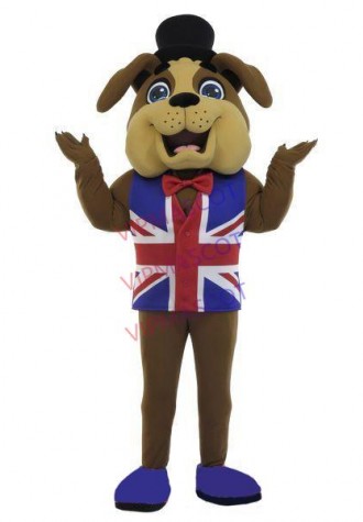 Enthusiastic Bulldog Waiter In Uniform Mascot Costume