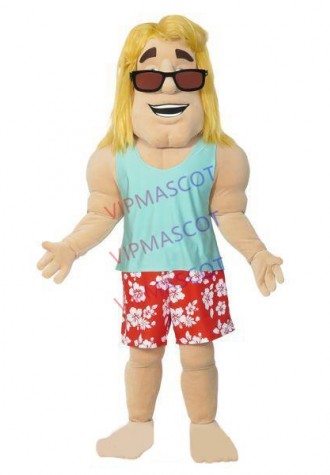 Blond Muscular Man In Vacation Style Suit Mascot Costume