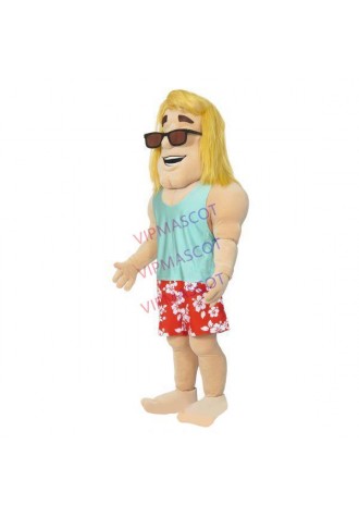 Blond Muscular Man In Vacation Style Suit Mascot Costume