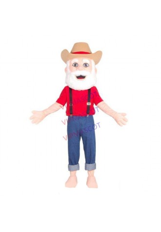 Energetic Old Fisherman Wearing Straw Hat Mascot Costume
