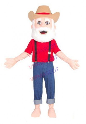 Energetic Old Fisherman Wearing Straw Hat Mascot Costume