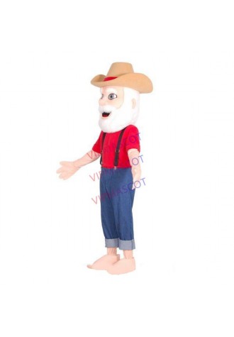 Energetic Old Fisherman Wearing Straw Hat Mascot Costume