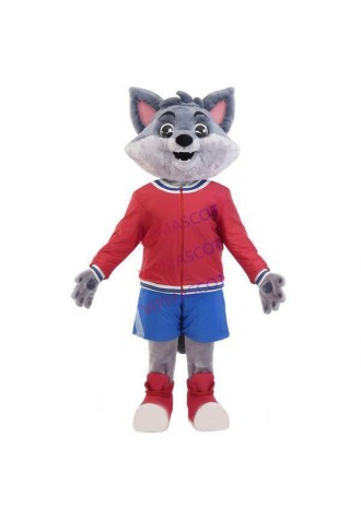 Lovely Gray Cub Wolf Wearing Baseball Jacket Mascot Costume