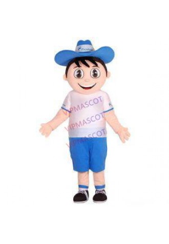 Sunny Orchard Boy in Blue Straw Hat Mascot Costume