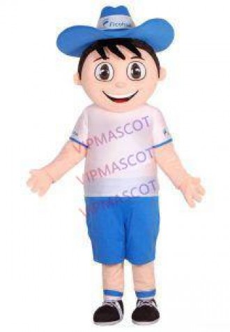Sunny Orchard Boy in Blue Straw Hat Mascot Costume