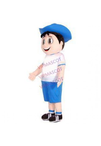 Sunny Orchard Boy in Blue Straw Hat Mascot Costume