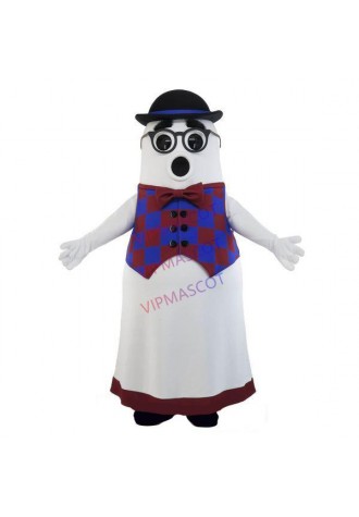 Exaggerated Cartoon Waiter In Plaid Vest Mascot Costume