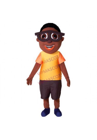 Black Little Boy Wearing Big Glasses Frame Mascot Costume