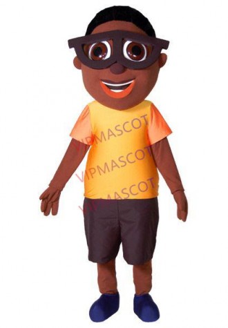 Black Little Boy Wearing Big Glasses Frame Mascot Costume