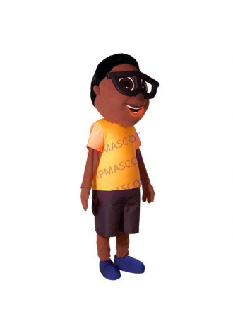 Black Little Boy Wearing Big Glasses Frame Mascot Costume