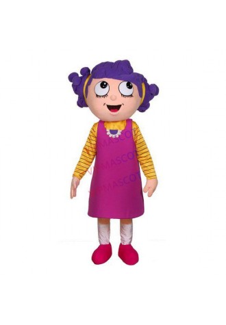 Imaginative Girl With Purple Curly Hair Mascot Costume