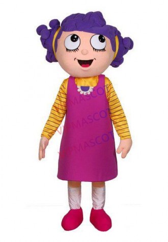 Imaginative Girl With Purple Curly Hair Mascot Costume