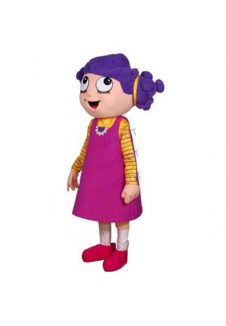 Imaginative Girl With Purple Curly Hair Mascot Costume