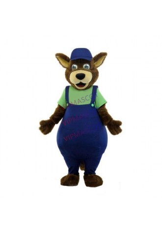 Playful Baby Kangaroo Wearing Casual Overalls Mascot Costume