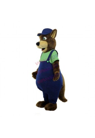 Playful Baby Kangaroo Wearing Casual Overalls Mascot Costume