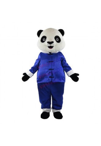 Nice Cute Panda In Blue Chinese Tunic Suit Mascot Costume