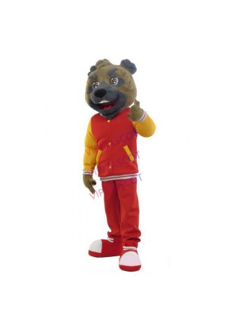 Passionate Bear In Bright Baseball Coat Mascot Costume