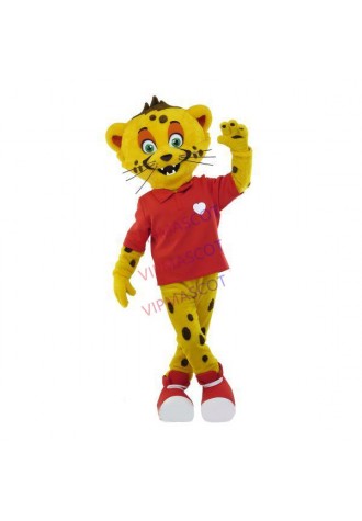 Friendly Yellow Leopard In Embroidered Polo Shirt Mascot Costume