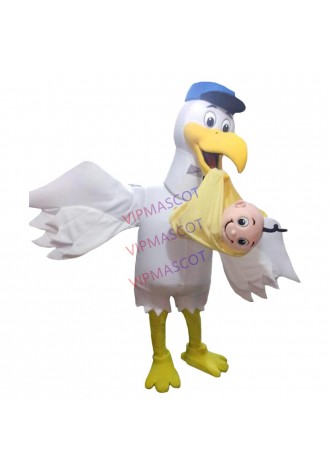 White Stork Carrying Baby Mascot Costume For Adult