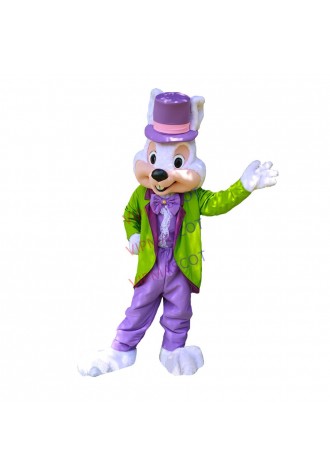 Performing Boy Bunny Wearing Green Suit Mascot For Halloween Party