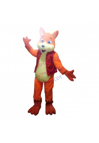 Bright Orange Fox Wearing Shiny Vest Mascot Costume