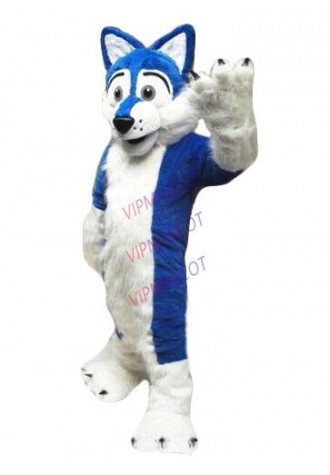 New Halloween Long Fur Brown Husky Dog Mascot Costume Fox Adults Fancy Suit Blue