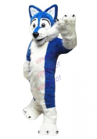 New Halloween Long Fur Brown Husky Dog Mascot Costume Fox Adults Fancy Suit Blue