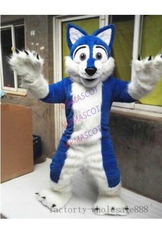 New Halloween Long Fur Brown Husky Dog Mascot Costume Fox Adults Fancy Suit Blue