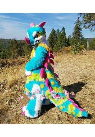 Long Fur Color Wolf Husky Dargon Fursuit Mascot Costume Suit Cosplay Fancy Dress Adults
