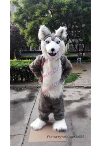 NEW Unisex Halloween Long Fur Gray Husky Dog Mascot Costume Fox Adults Suit