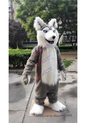 NEW Unisex Halloween Long Fur Gray Husky Dog Mascot Costume Fox Adults Suit
