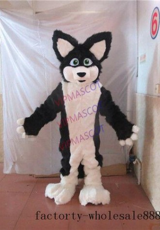 Long Fur Black Dog Mascot Costume Adult Halloween Fox Animal Cosplay Suit Unisex