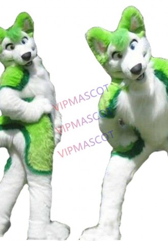 Halloween Long Fur Green Husky Dog Mascot Costume Fox Adults Fancy Suit Unisex