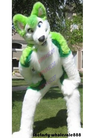Halloween Long Fur Green Husky Dog Mascot Costume Fox Adults Fancy Suit Unisex
