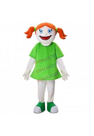 Hot Sale cute smiling  face girl Mascot Costume orange hair with green dress Cartoon Character Party Dress Costume for Halloween