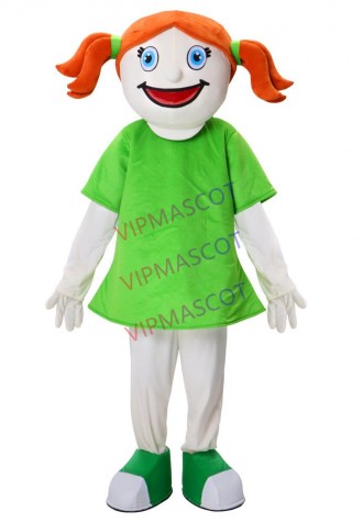 Hot Sale cute smiling  face girl Mascot Costume orange hair with green dress Cartoon Character Party Dress Costume for Halloween