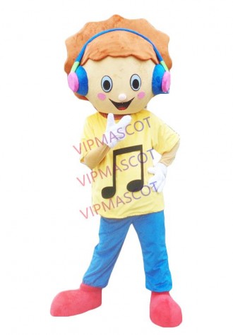 Yellow Dress Boy Mascot Costume Music Boy with Headphones Mascot Costumes for Adult Size for Carnival Halloween Party Events