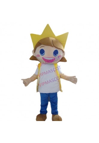Sunshine Yellow Lad Boy Mascot Costume With Orange Hairs Short Black Brows Big Mouth Small Eyes Ears Adult Size