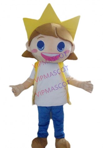 Sunshine Yellow Lad Boy Mascot Costume With Orange Hairs Short Black Brows Big Mouth Small Eyes Ears Adult Size
