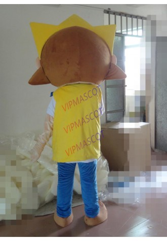 Sunshine Yellow Lad Boy Mascot Costume With Orange Hairs Short Black Brows Big Mouth Small Eyes Ears Adult Size