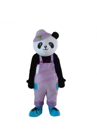 High quality  Black Giant Panda Bear Bearcat Mascot Costume With Small Ears Bright Big Eyes Purple Clothes free shipping